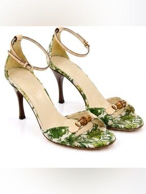 Gucci Green and White Floral Print Ankle Strap Sandals with Bamboo Accent